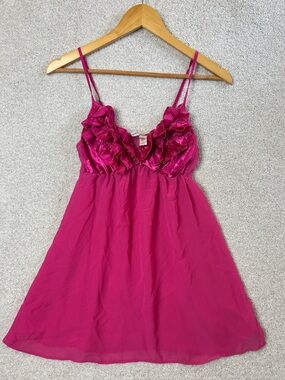 Vintage Ambrielle Hot Pink Ruffled Satin Slip Lingerie top babydoll
